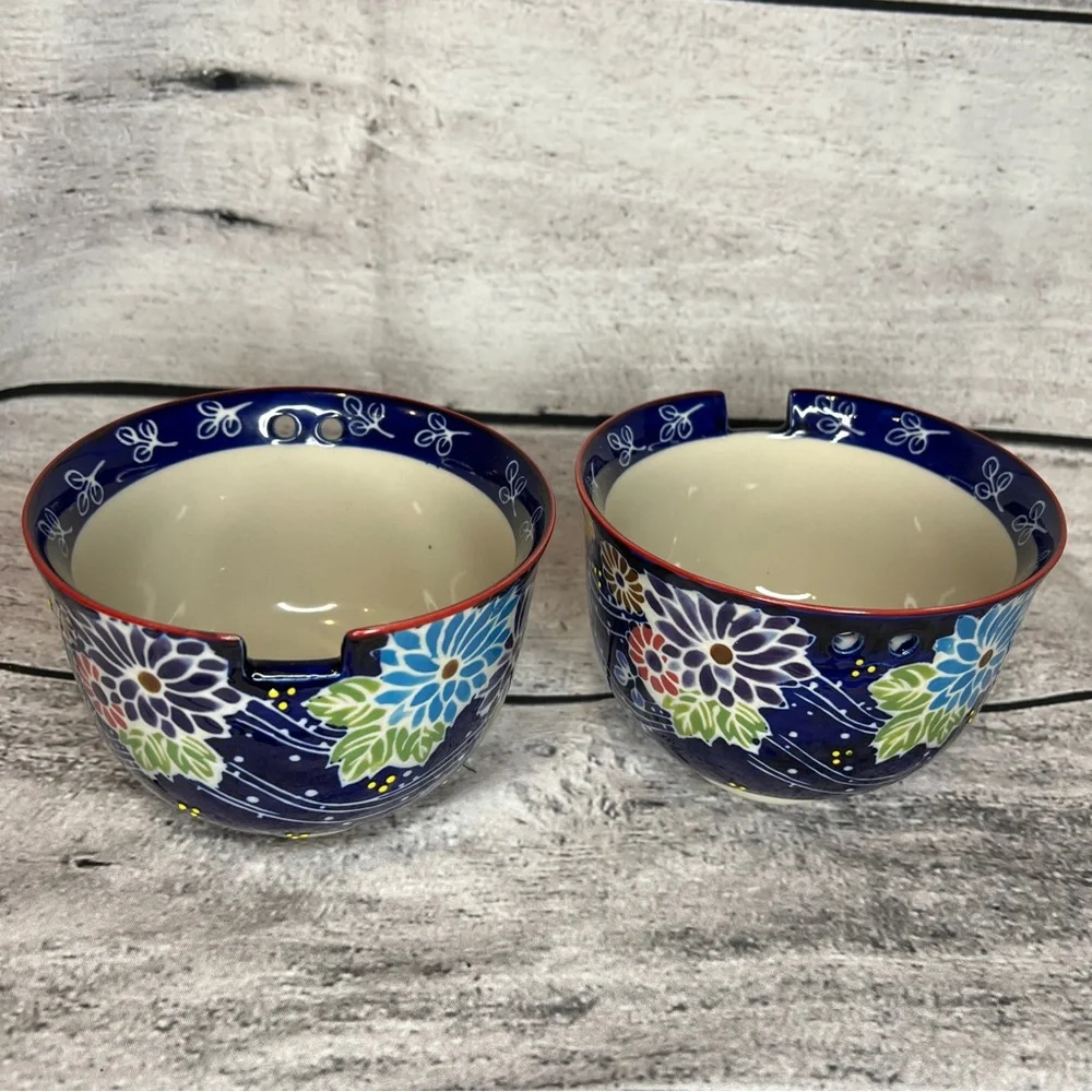 Urban Tokyo Nacomi Japanese Navy Blue Floral Ceramic Ramen Noodle Bowls Lot of 2
